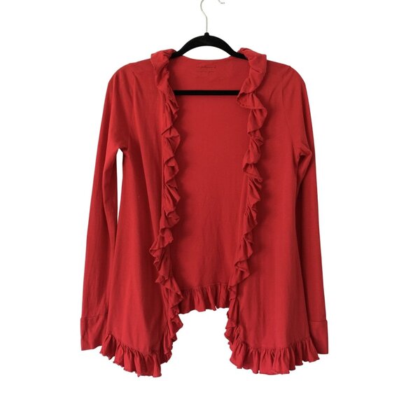 Stephanie B Red Ruffled Open Front Cardigan Sweater S 100% Pima Cotton Layer - Picture 1 of 6